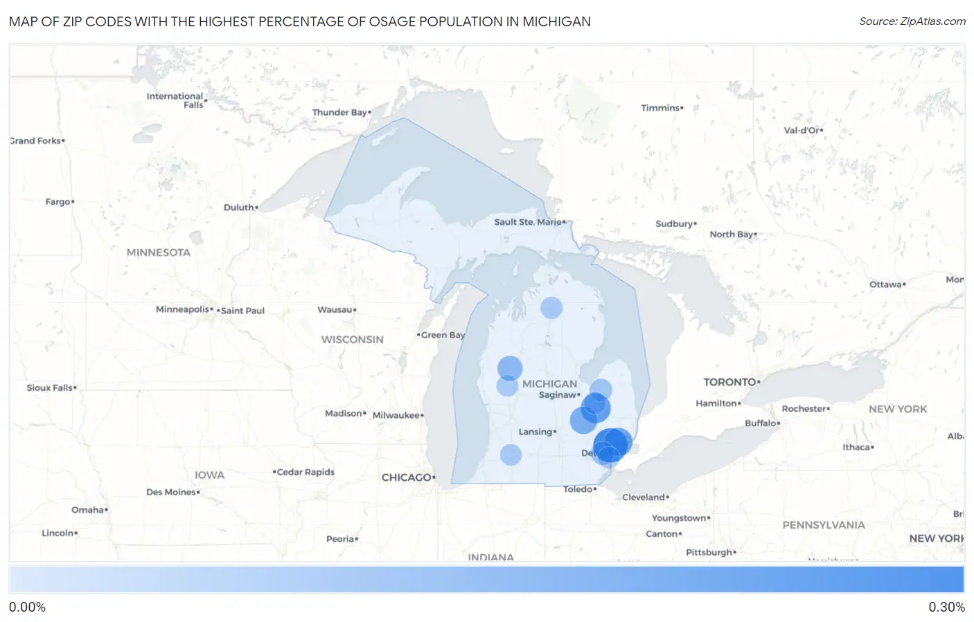 Zip Codes with the Highest Percentage of Osage Population in Michigan Map