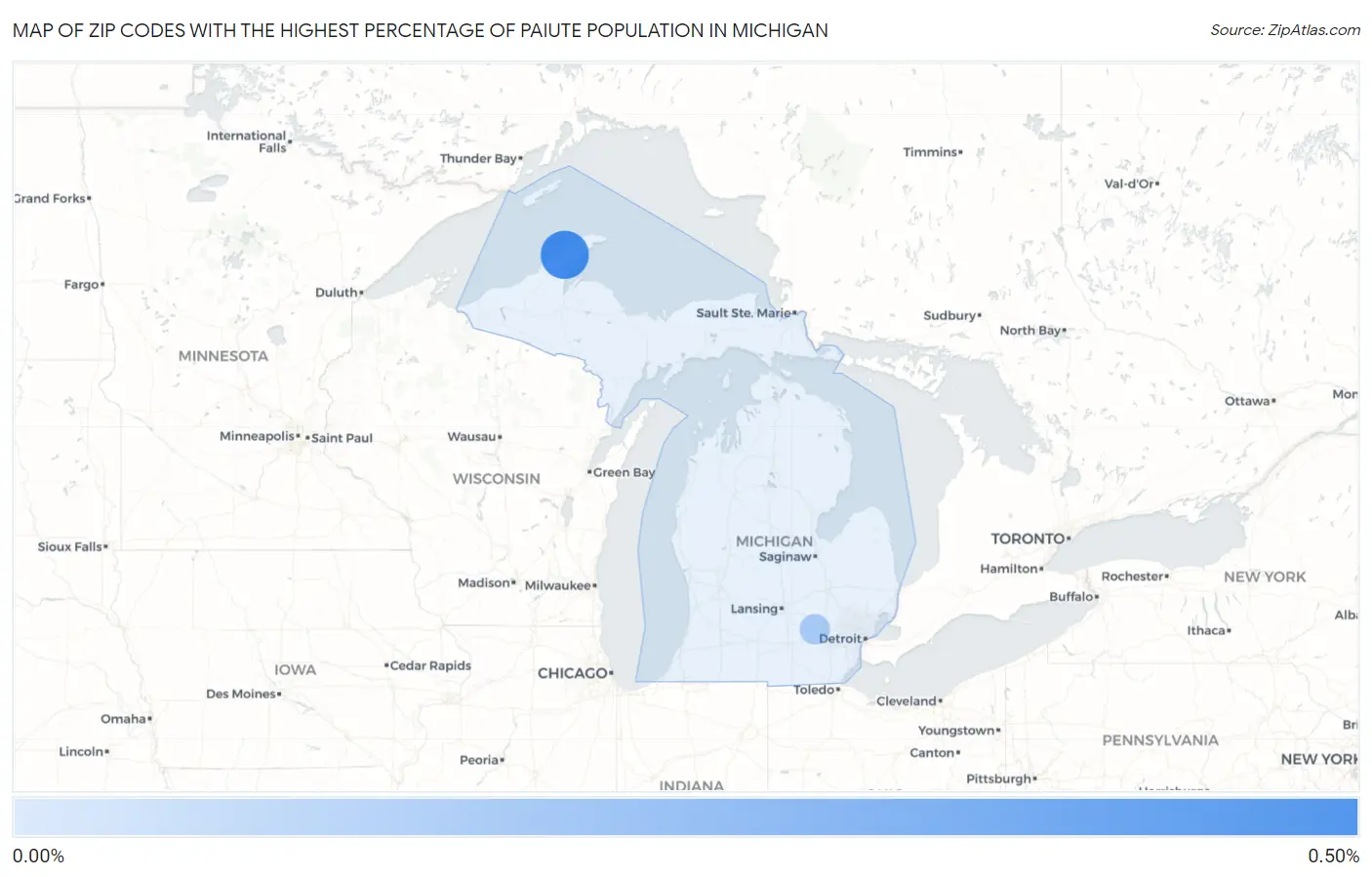 Zip Codes with the Highest Percentage of Paiute Population in Michigan Map