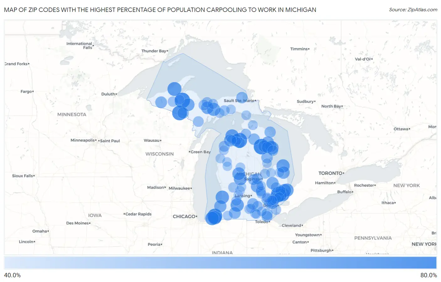 Zip Codes with the Highest Percentage of Population Carpooling to Work in Michigan Map