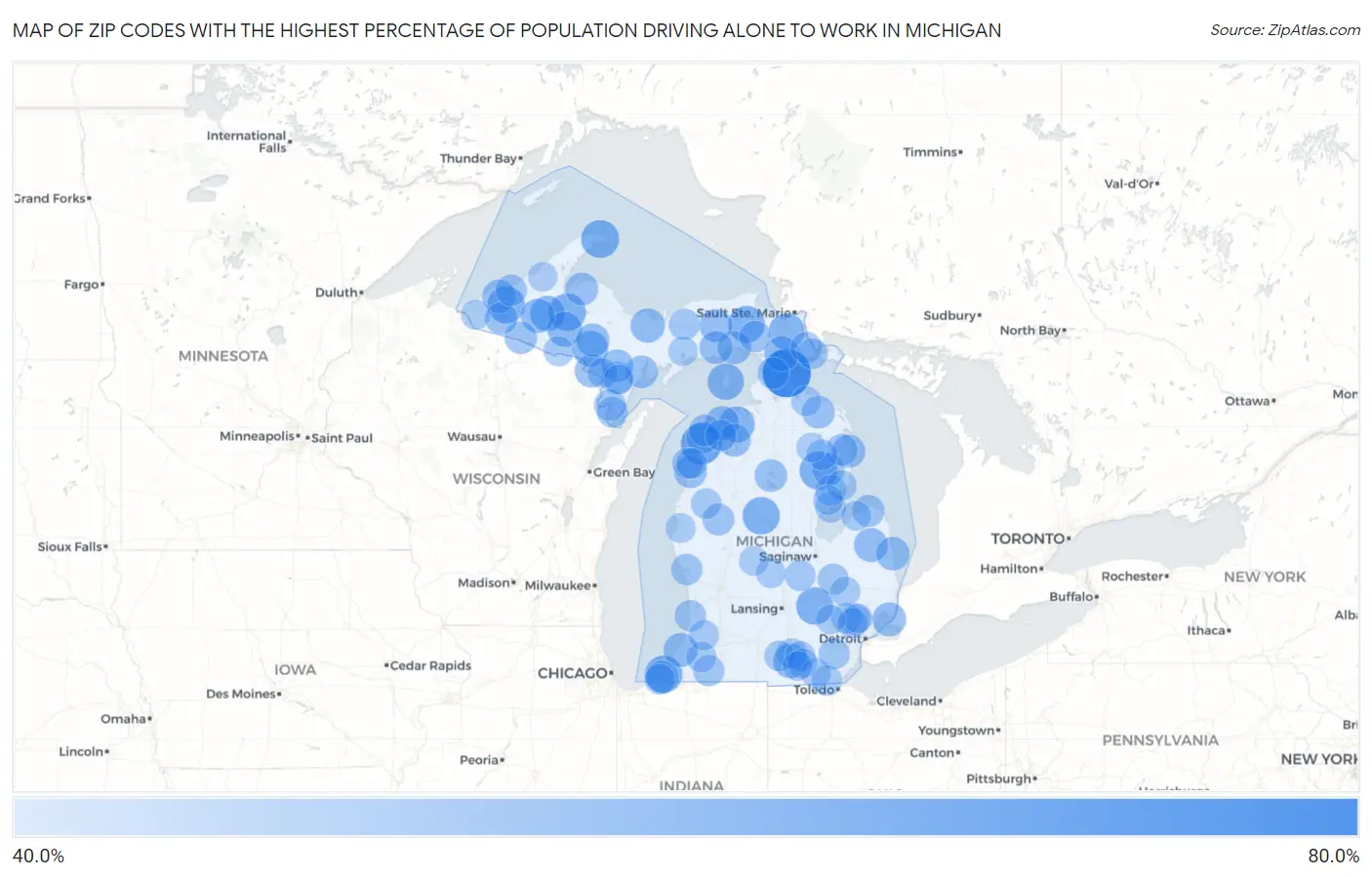 Zip Codes with the Highest Percentage of Population Driving Alone to Work in Michigan Map
