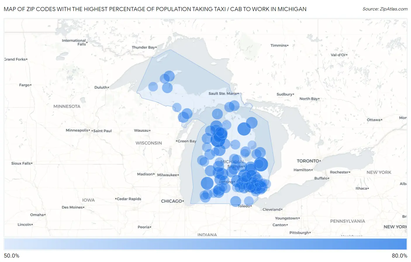 Zip Codes with the Highest Percentage of Population Taking Taxi / Cab to Work in Michigan Map