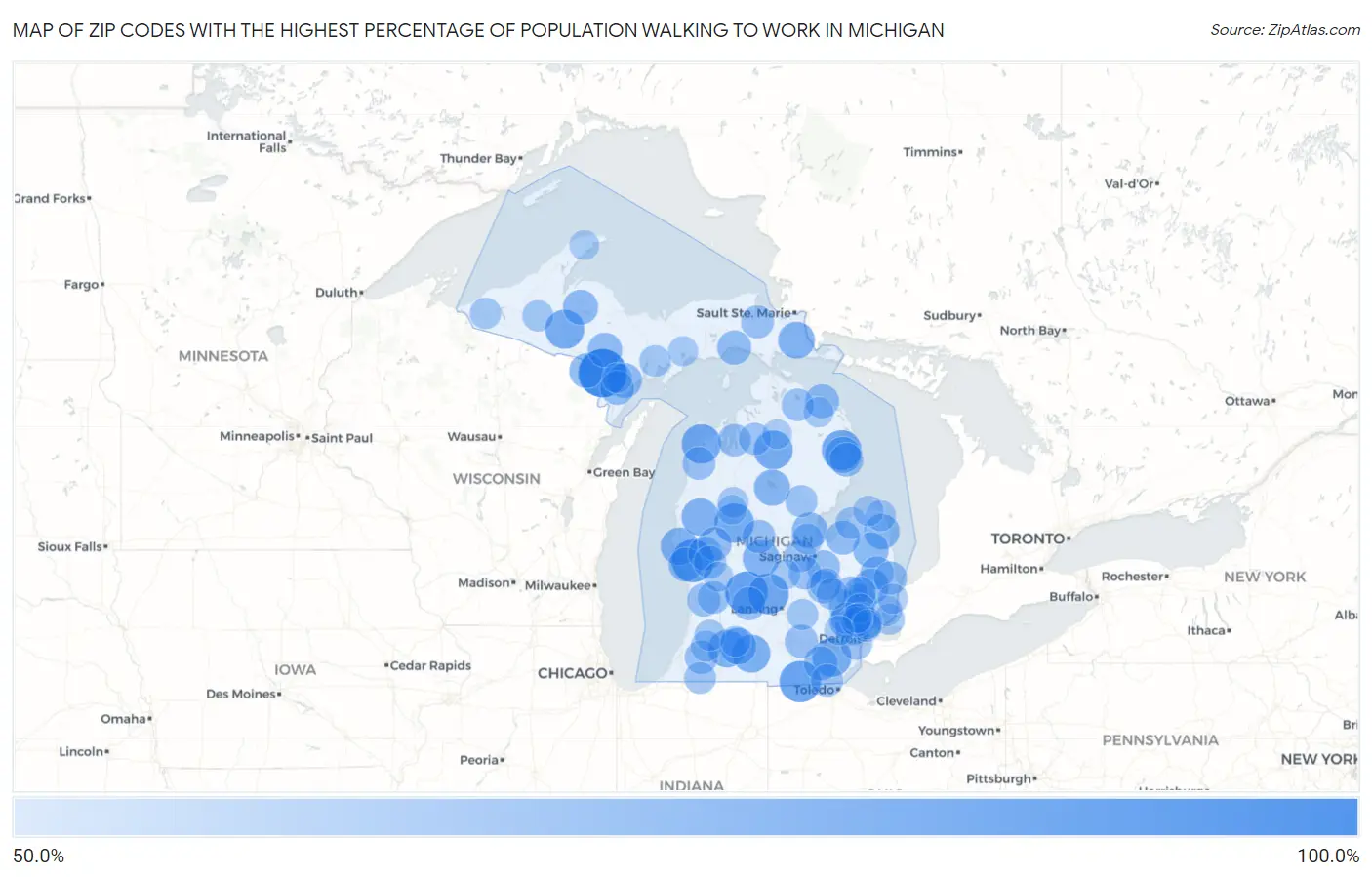Zip Codes with the Highest Percentage of Population Walking to Work in Michigan Map