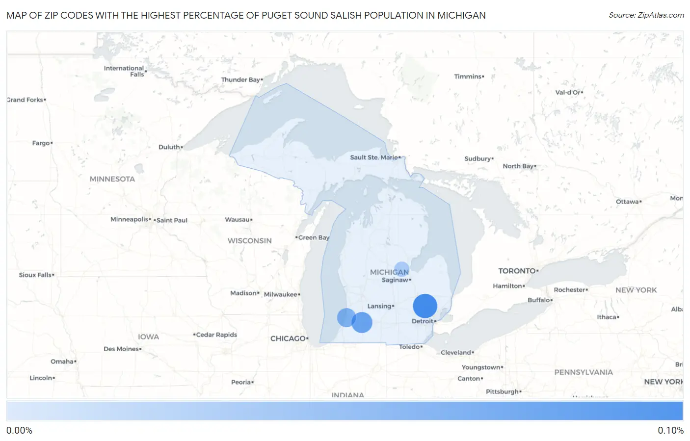 Zip Codes with the Highest Percentage of Puget Sound Salish Population in Michigan Map