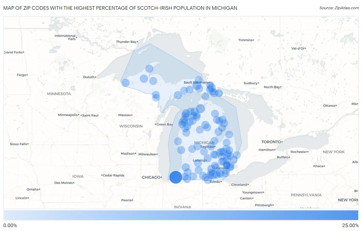 Zip Codes with the Highest Percentage of Scotch-Irish Population in Michigan Map