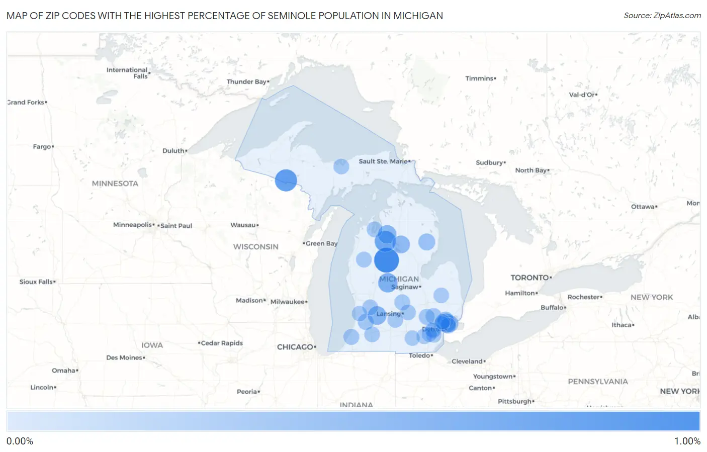 Zip Codes with the Highest Percentage of Seminole Population in Michigan Map