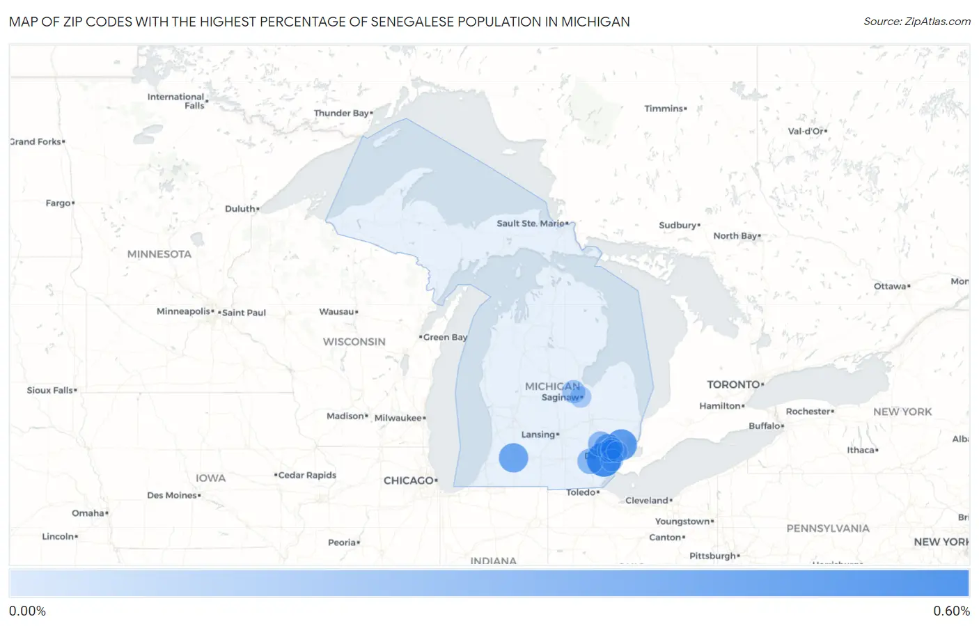 Zip Codes with the Highest Percentage of Senegalese Population in Michigan Map