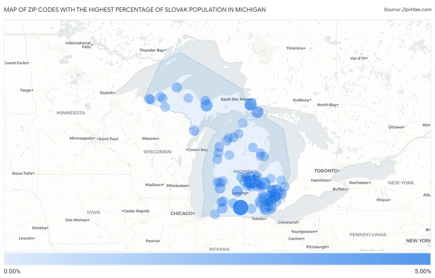 Zip Codes with the Highest Percentage of Slovak Population in Michigan Map