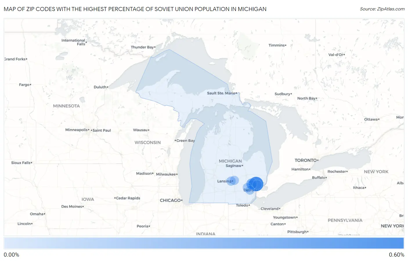 Zip Codes with the Highest Percentage of Soviet Union Population in Michigan Map
