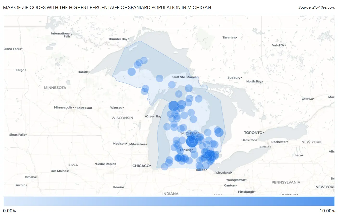 Zip Codes with the Highest Percentage of Spaniard Population in Michigan Map