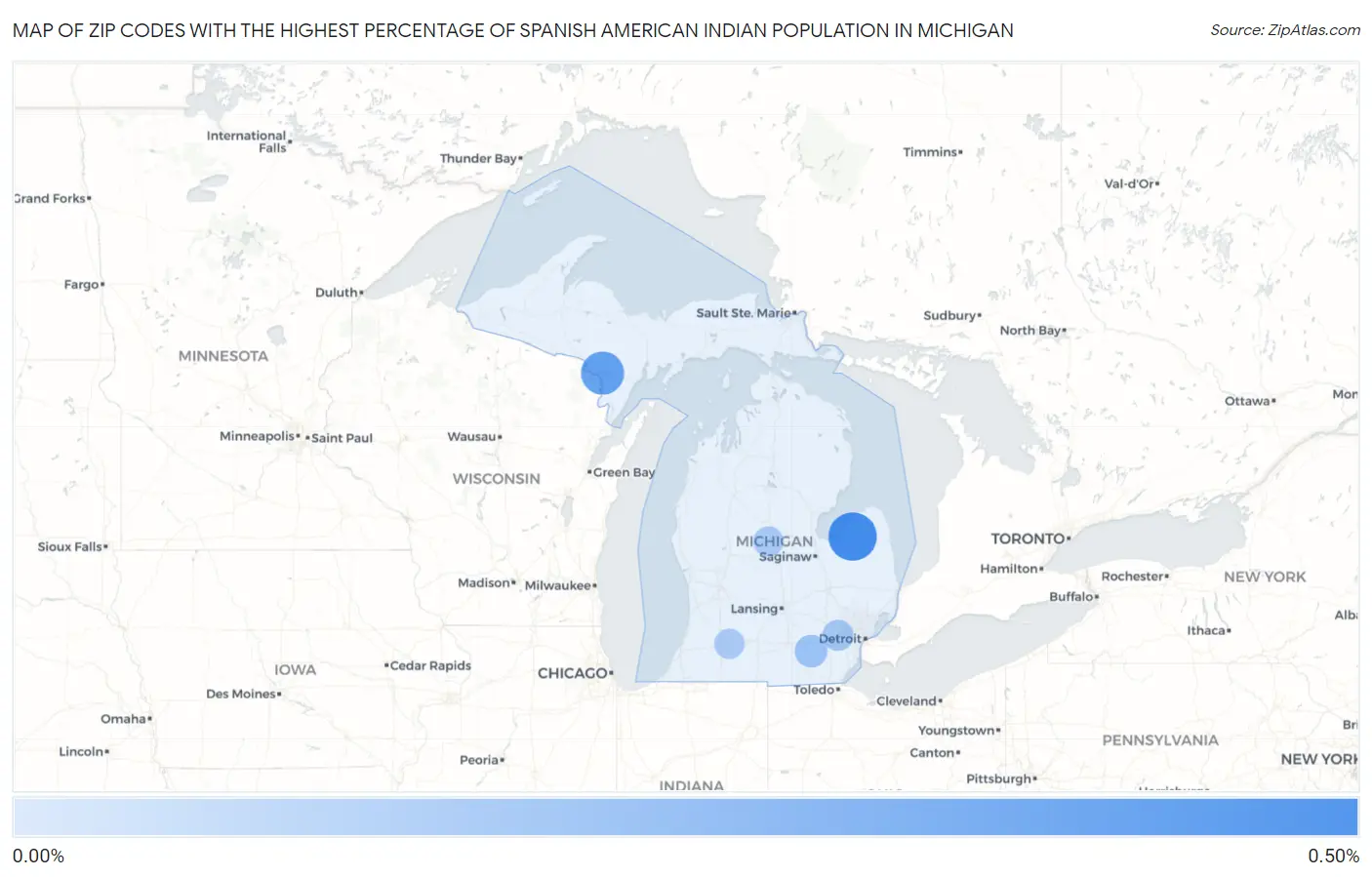Zip Codes with the Highest Percentage of Spanish American Indian Population in Michigan Map