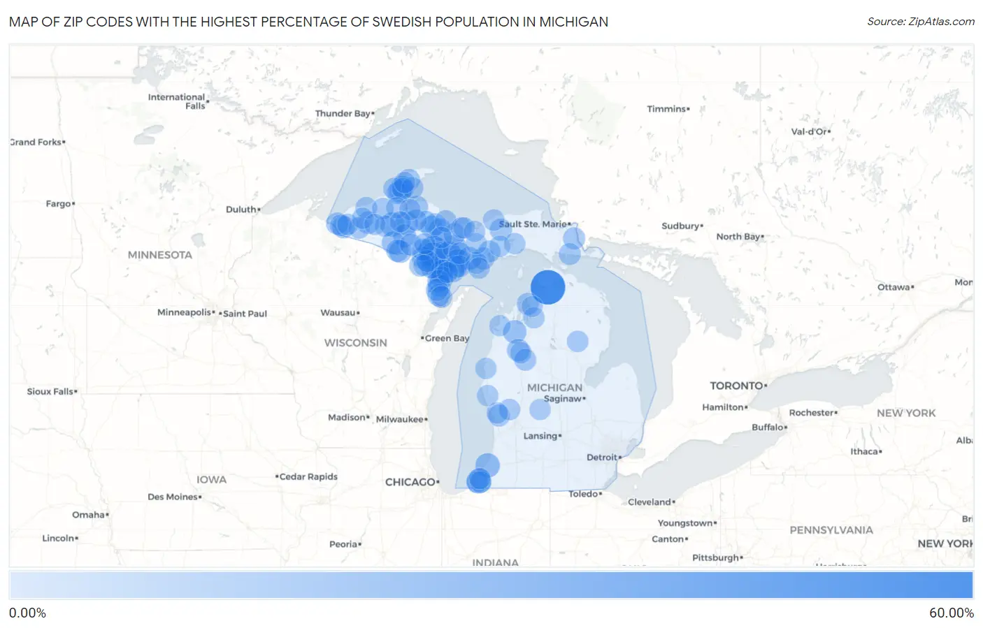 Zip Codes with the Highest Percentage of Swedish Population in Michigan Map