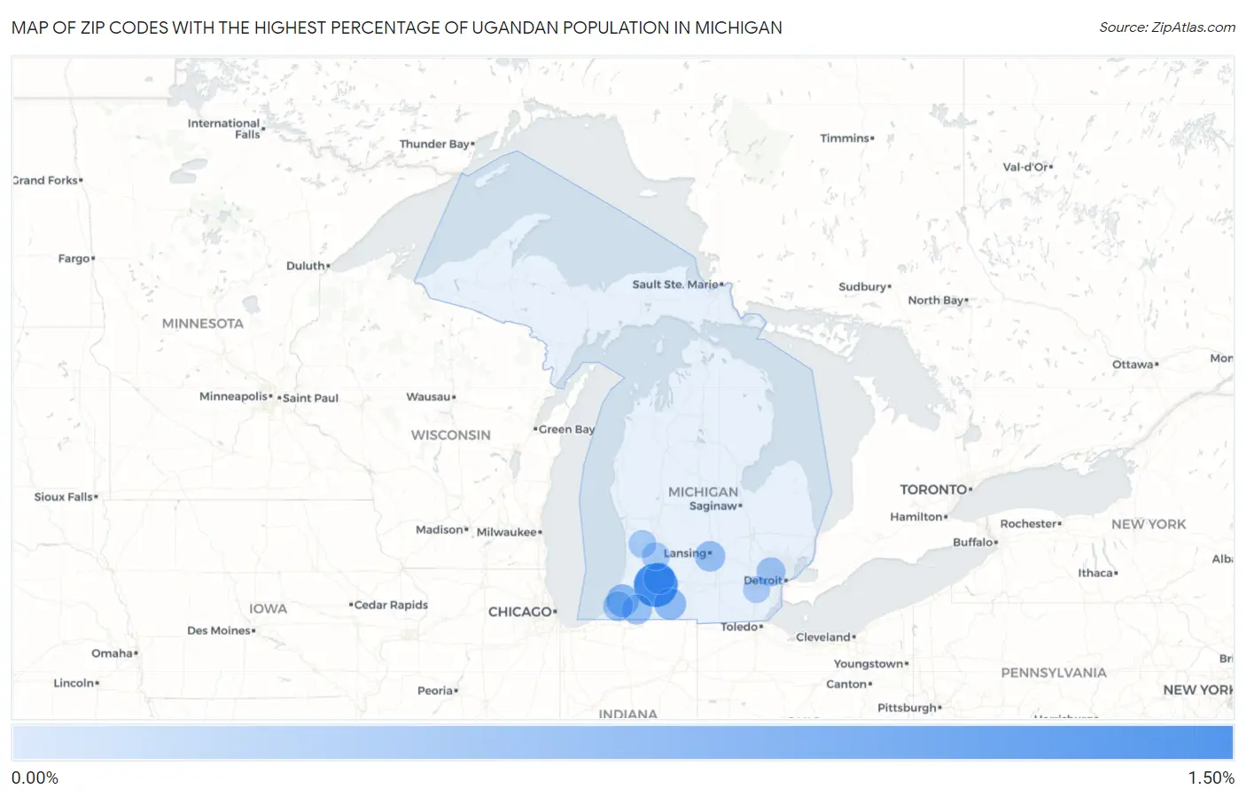Zip Codes with the Highest Percentage of Ugandan Population in Michigan Map