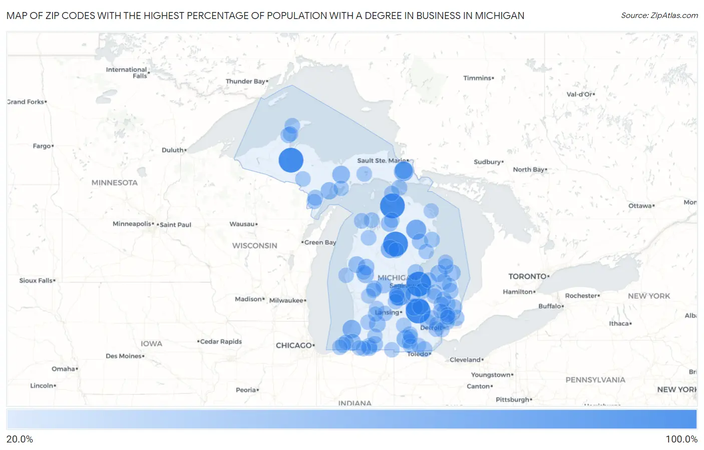 Zip Codes with the Highest Percentage of Population with a Degree in Business in Michigan Map