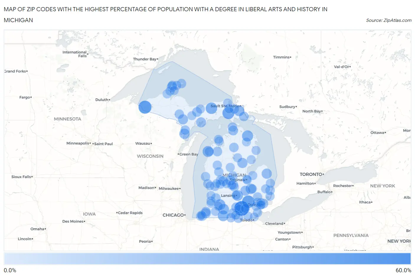 Zip Codes with the Highest Percentage of Population with a Degree in Liberal Arts and History in Michigan Map