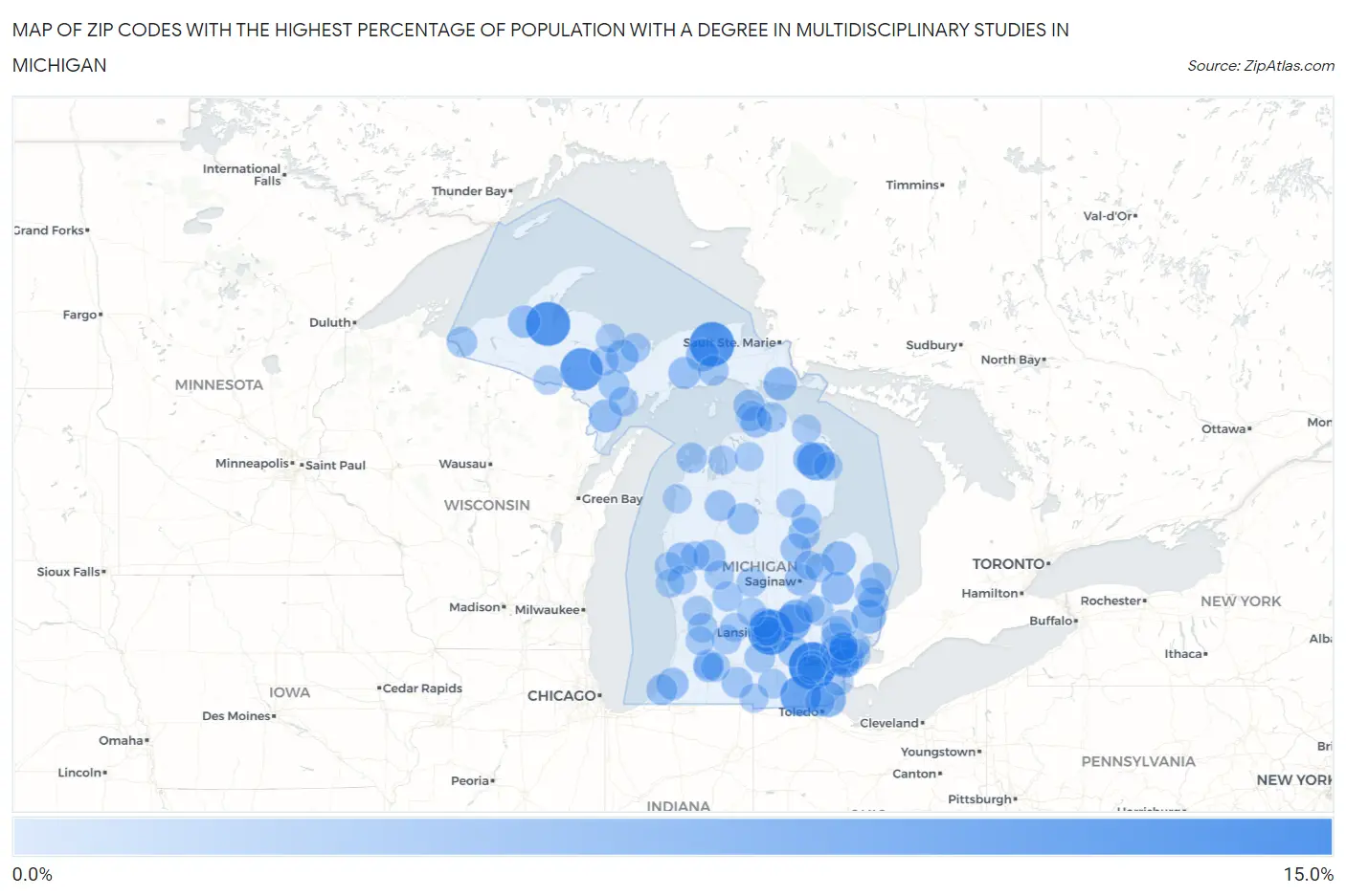 Zip Codes with the Highest Percentage of Population with a Degree in Multidisciplinary Studies in Michigan Map