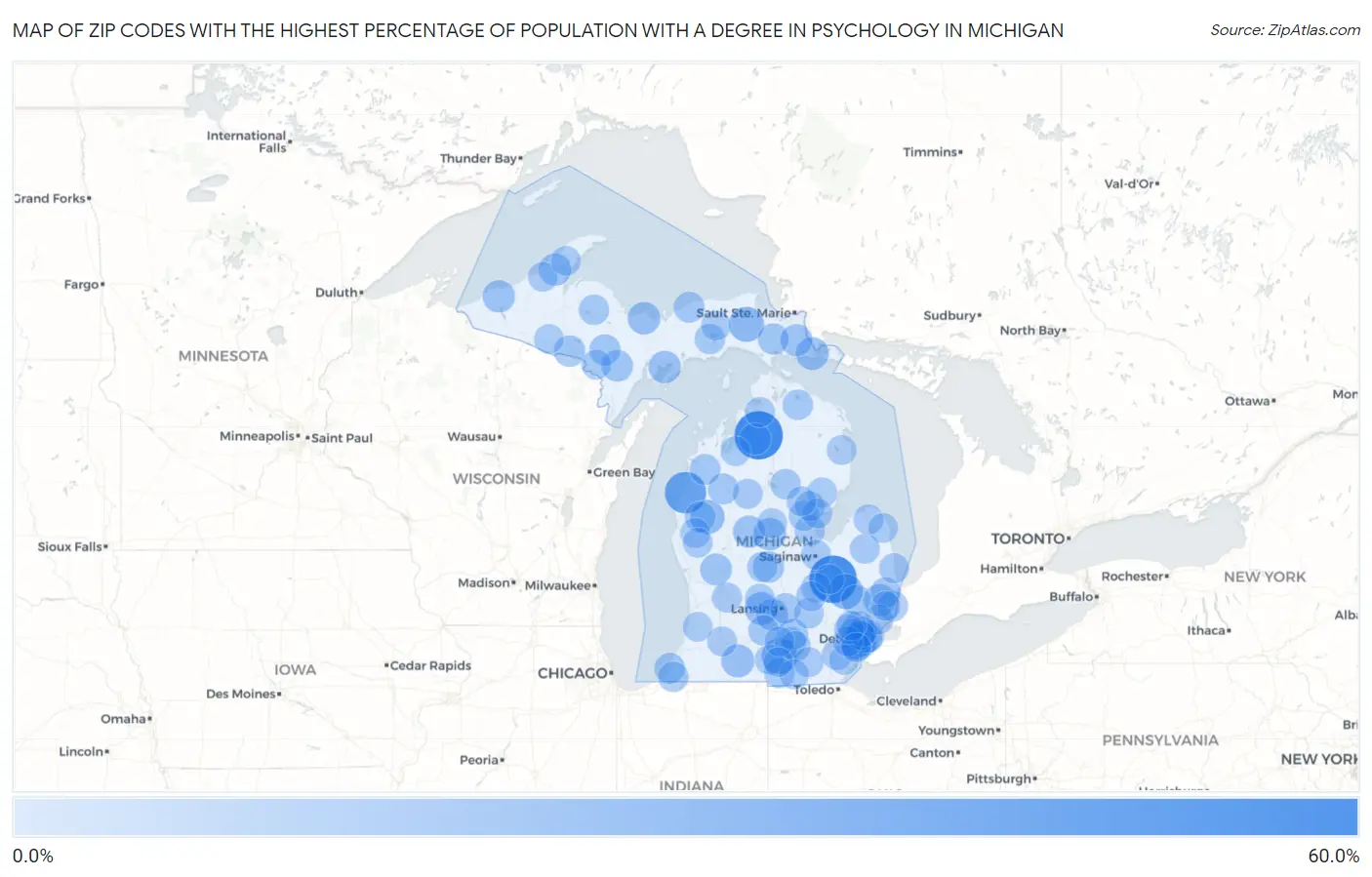 Zip Codes with the Highest Percentage of Population with a Degree in Psychology in Michigan Map