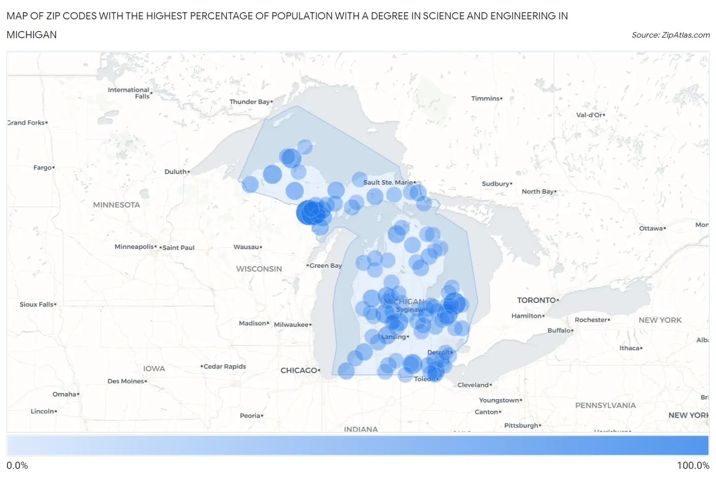 Zip Codes with the Highest Percentage of Population with a Degree in Science and Engineering in Michigan Map