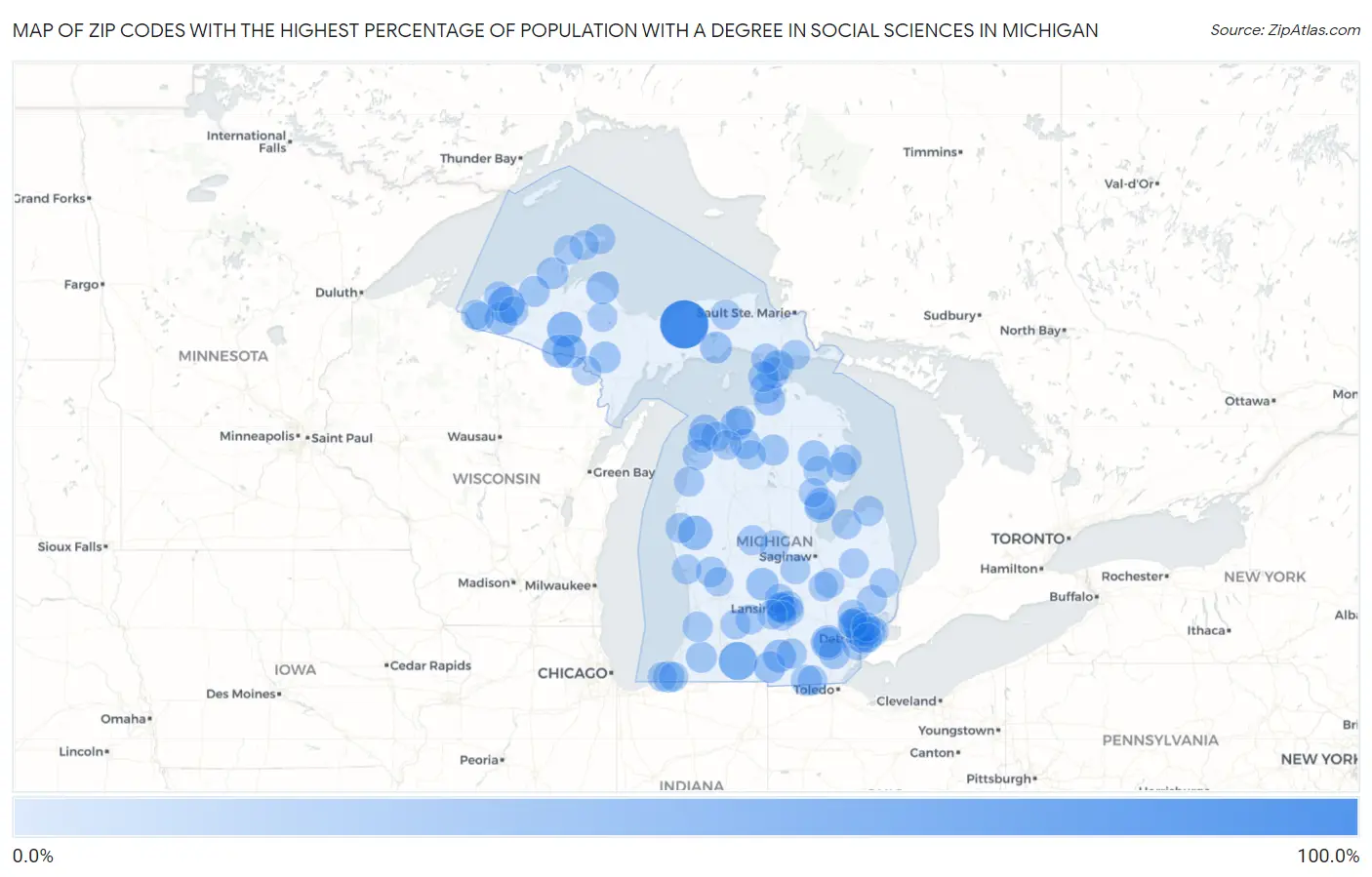 Zip Codes with the Highest Percentage of Population with a Degree in Social Sciences in Michigan Map