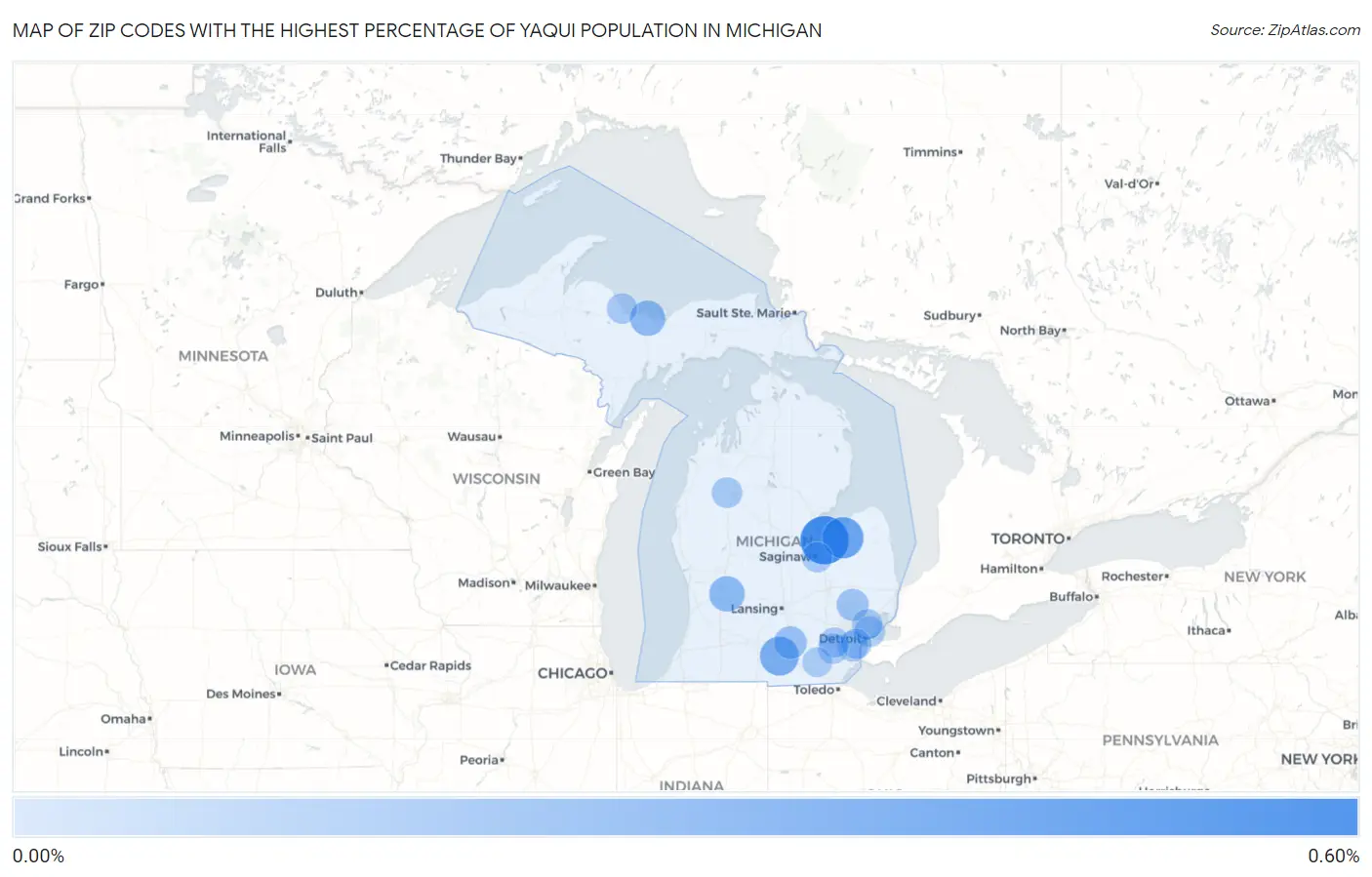 Zip Codes with the Highest Percentage of Yaqui Population in Michigan Map