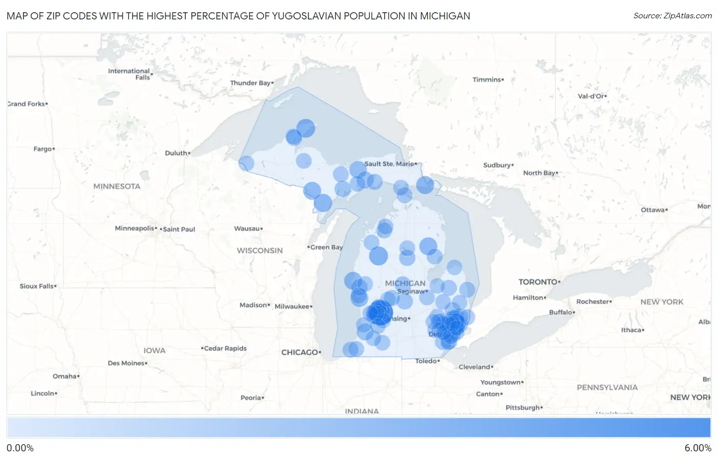 Zip Codes with the Highest Percentage of Yugoslavian Population in Michigan Map