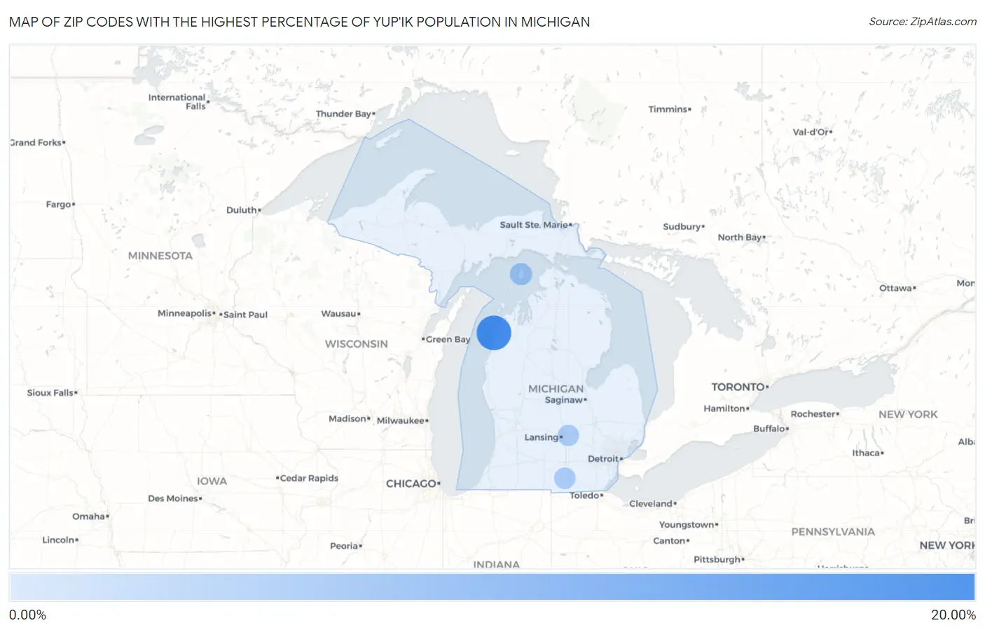 Zip Codes with the Highest Percentage of Yup'ik Population in Michigan Map