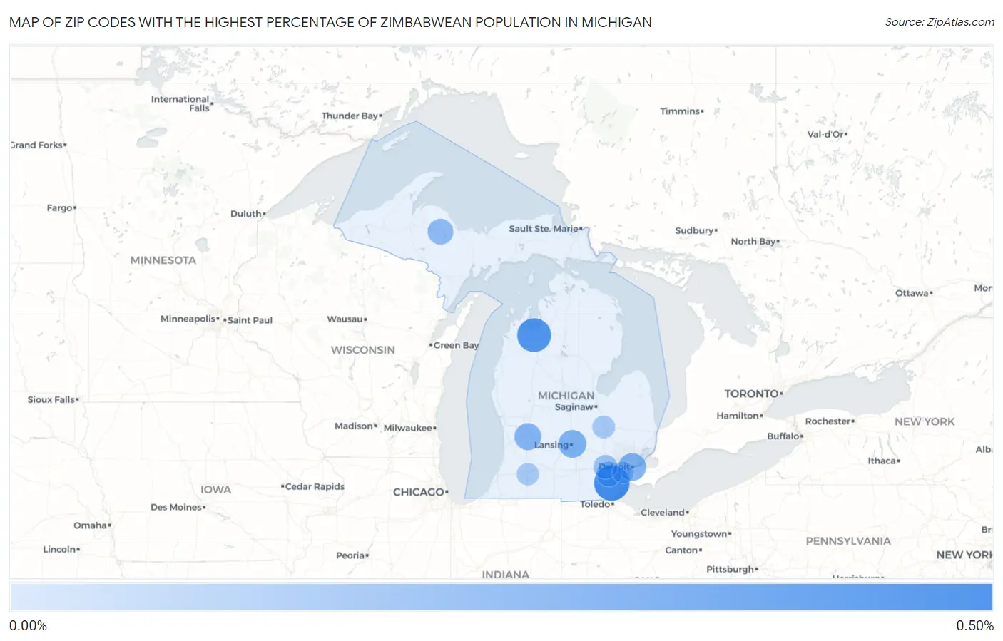 Zip Codes with the Highest Percentage of Zimbabwean Population in Michigan Map