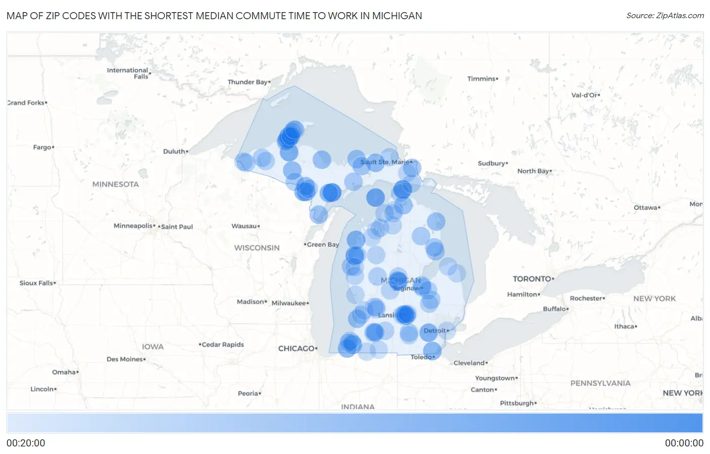 Zip Codes with the Shortest Median Commute Time to Work in Michigan Map