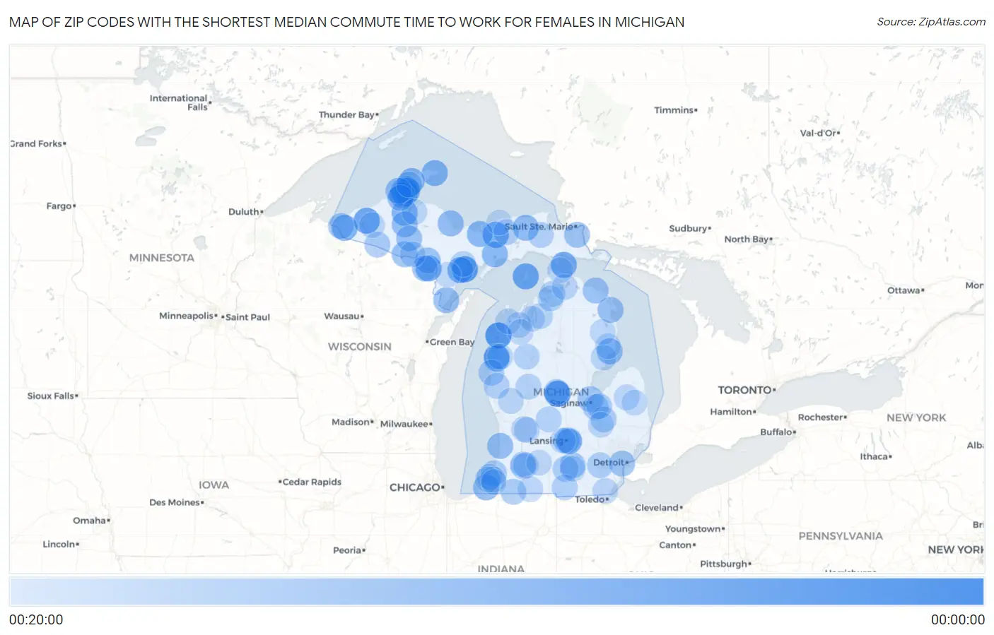 Zip Codes with the Shortest Median Commute Time to Work for Females in Michigan Map