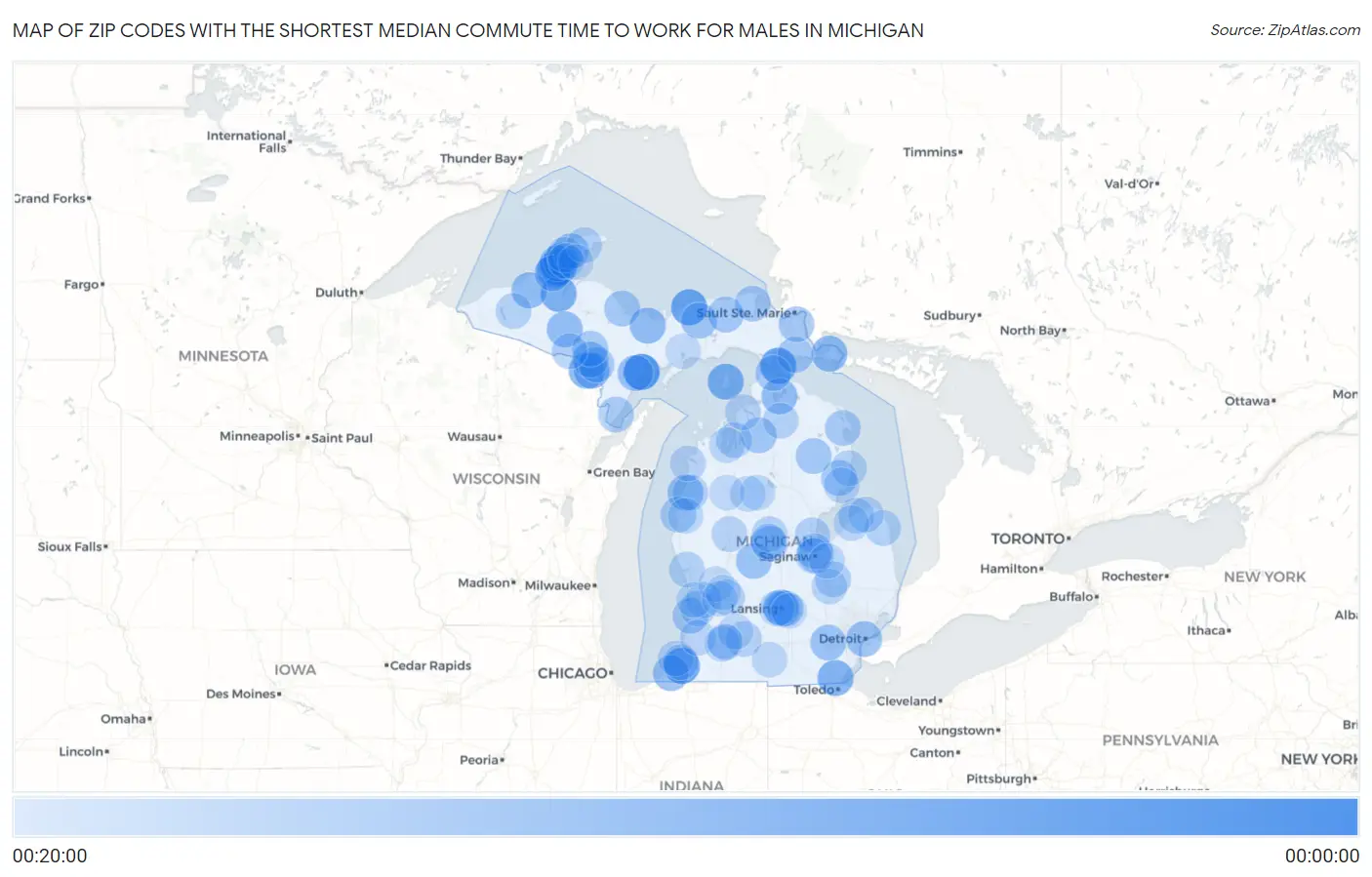Zip Codes with the Shortest Median Commute Time to Work for Males in Michigan Map