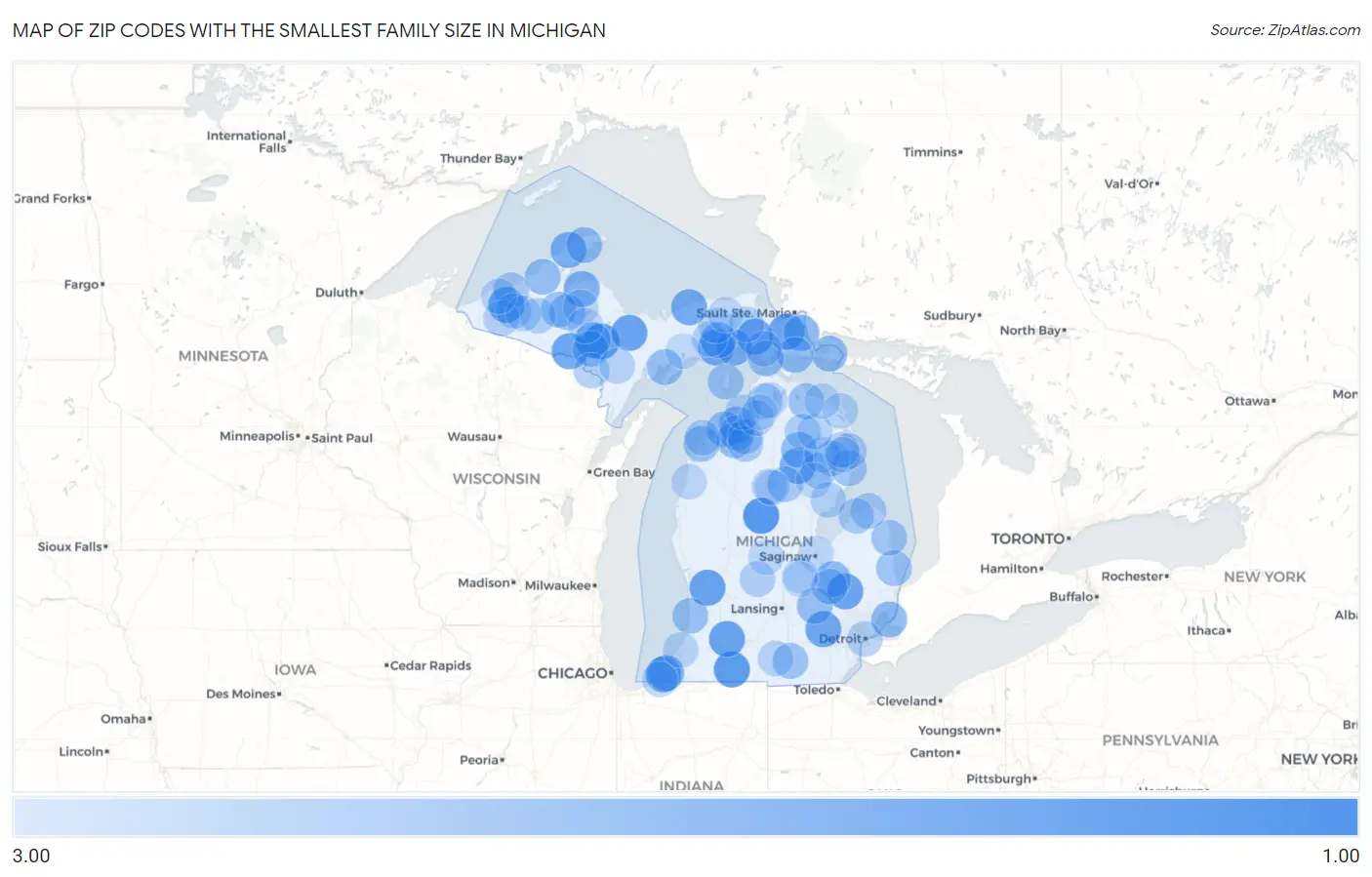 Zip Codes with the Smallest Family Size in Michigan Map