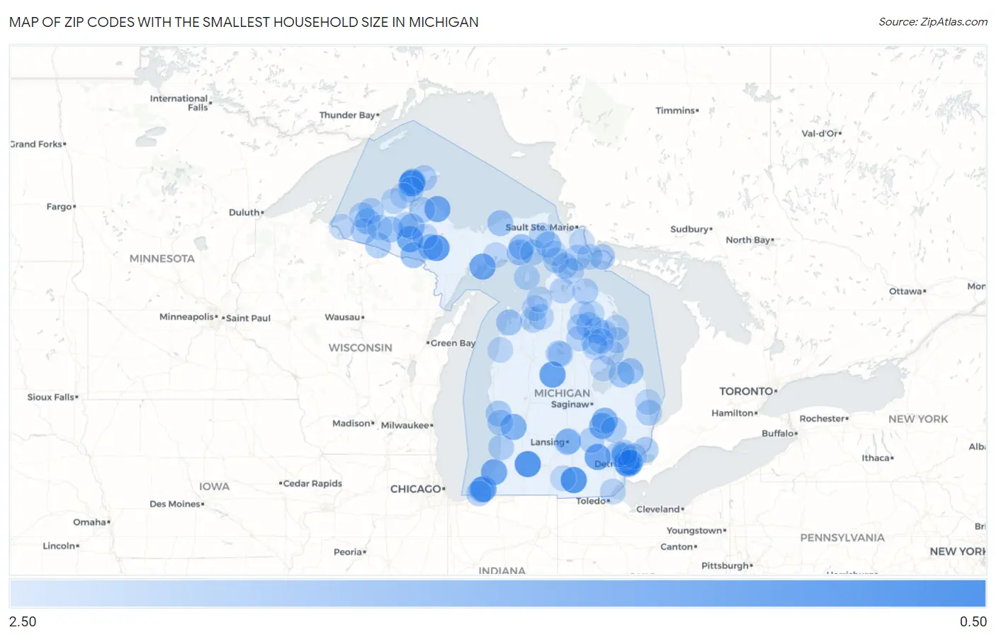 Zip Codes with the Smallest Household Size in Michigan Map