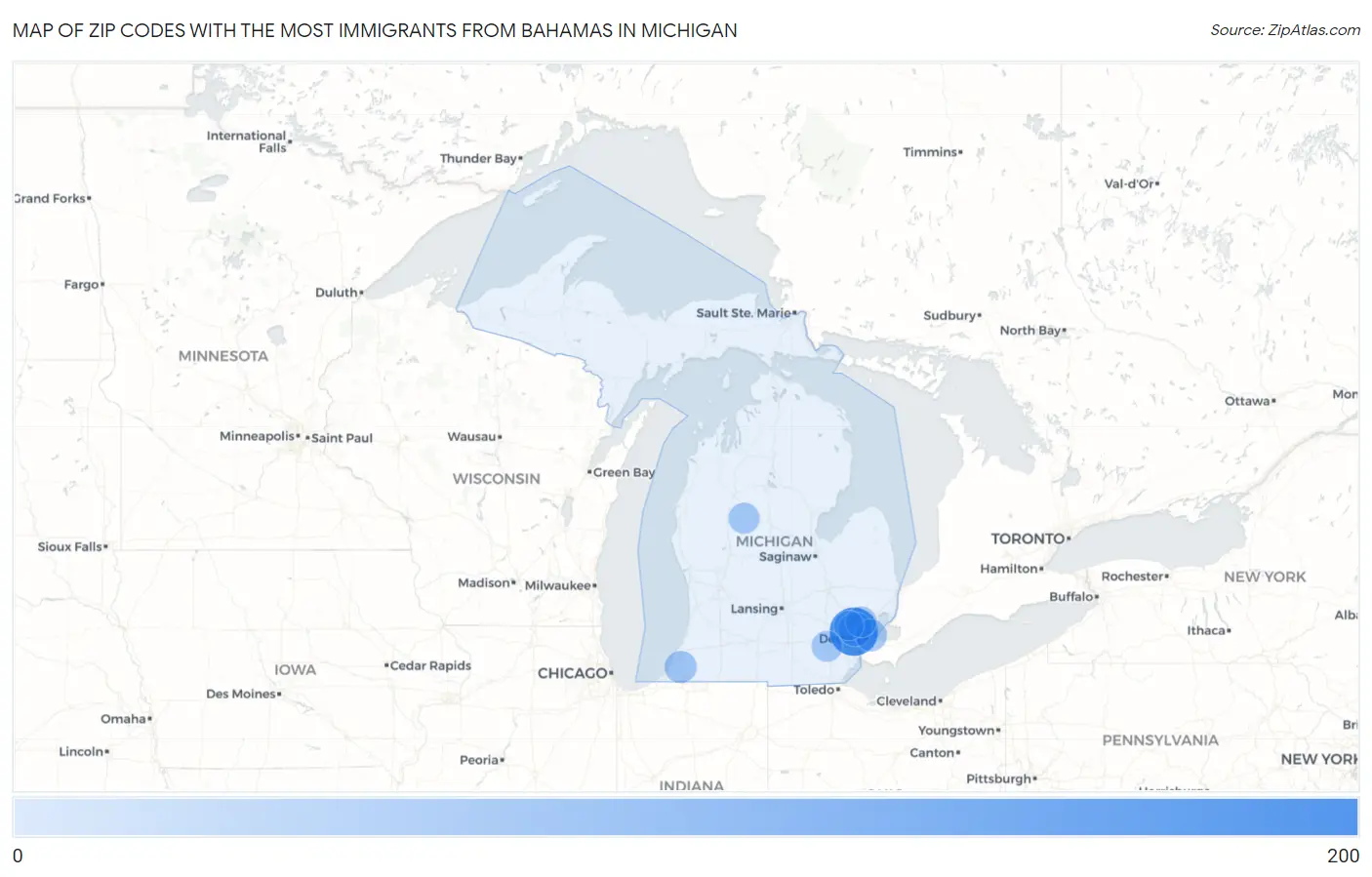 Zip Codes with the Most Immigrants from Bahamas in Michigan Map