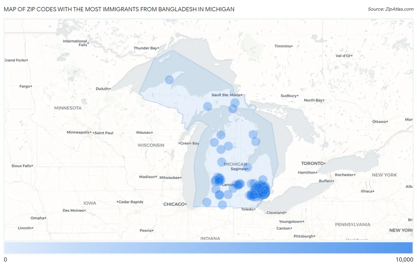 Zip Codes with the Most Immigrants from Bangladesh in Michigan Map