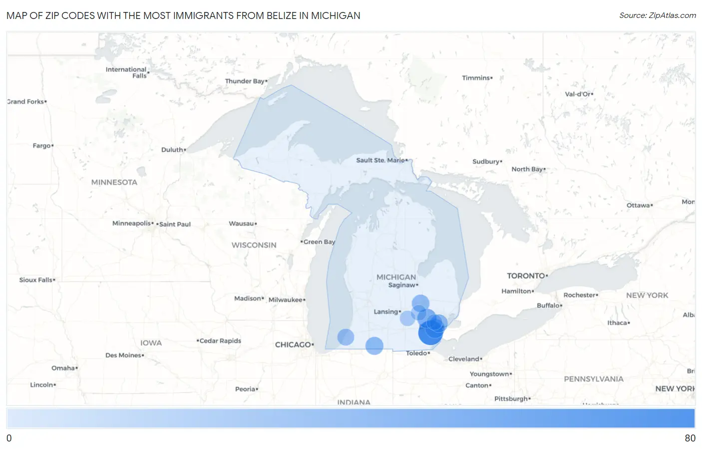 Zip Codes with the Most Immigrants from Belize in Michigan Map