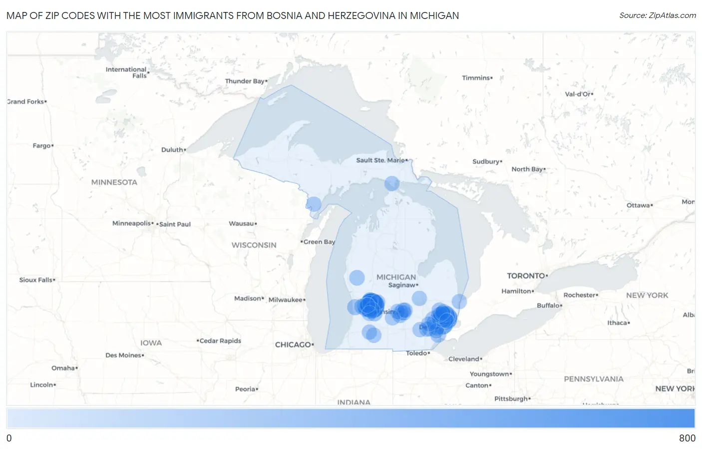 Zip Codes with the Most Immigrants from Bosnia and Herzegovina in Michigan Map