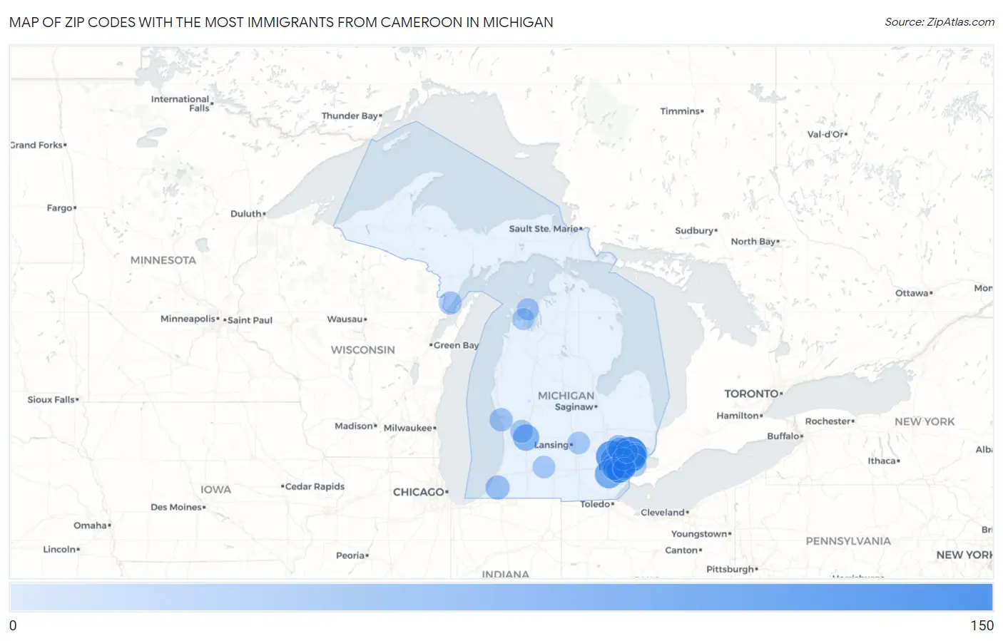 Zip Codes with the Most Immigrants from Cameroon in Michigan Map