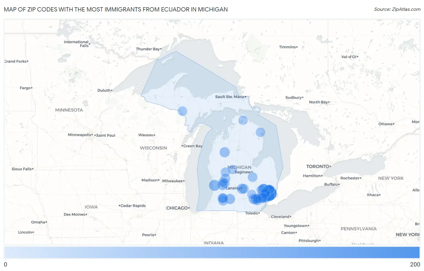 Zip Codes with the Most Immigrants from Ecuador in Michigan Map