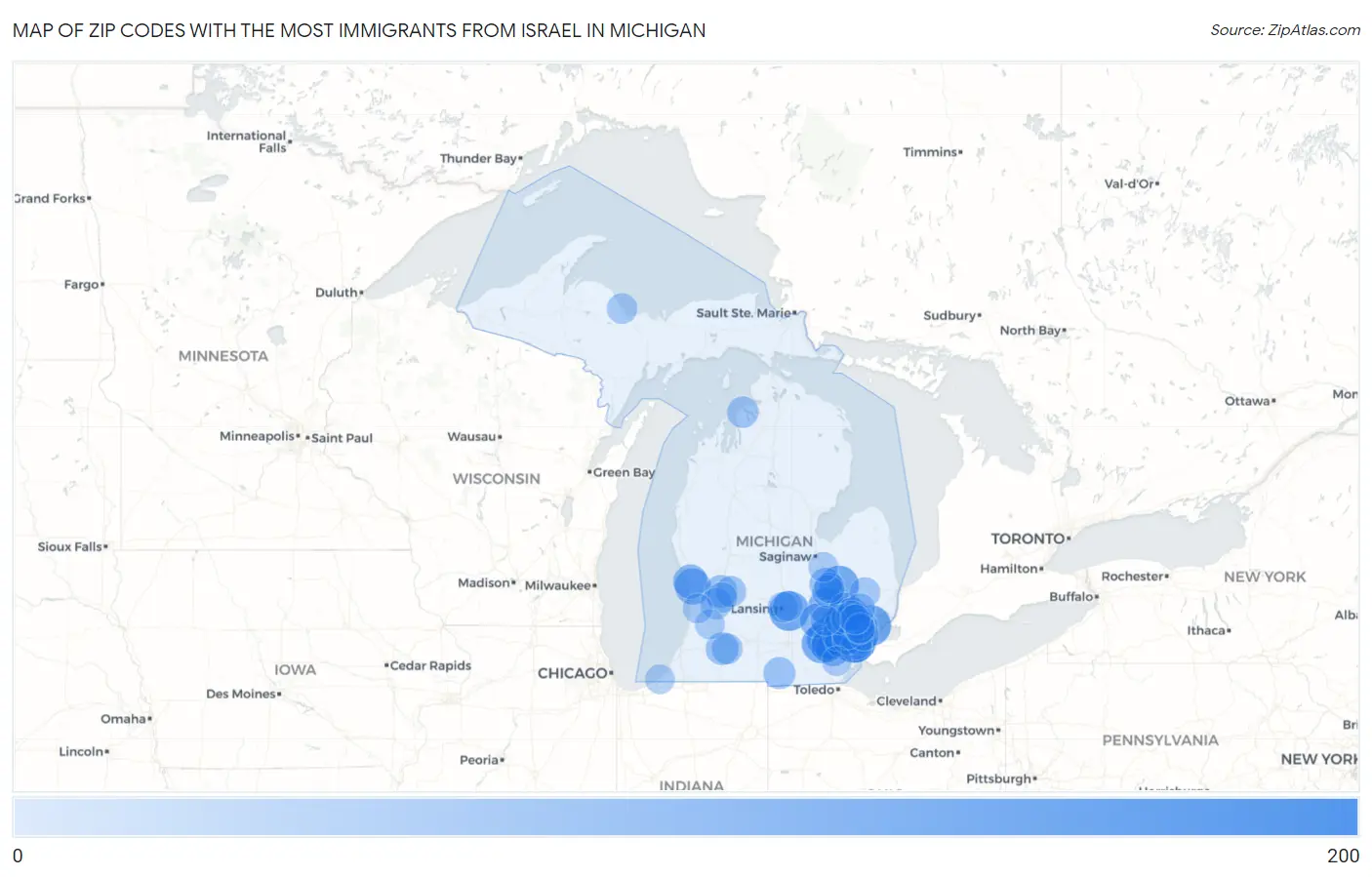 Zip Codes with the Most Immigrants from Israel in Michigan Map