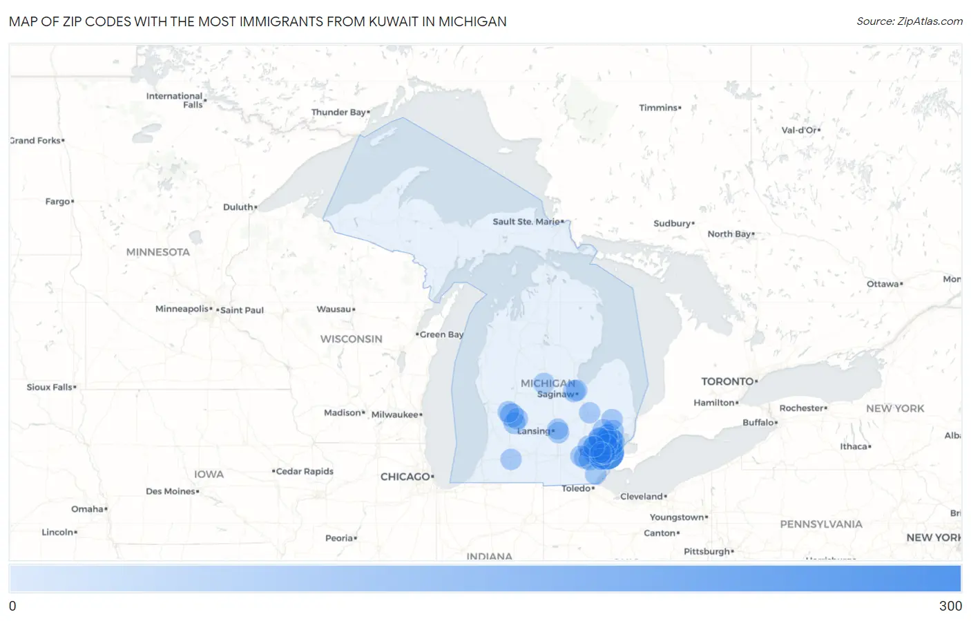 Zip Codes with the Most Immigrants from Kuwait in Michigan Map