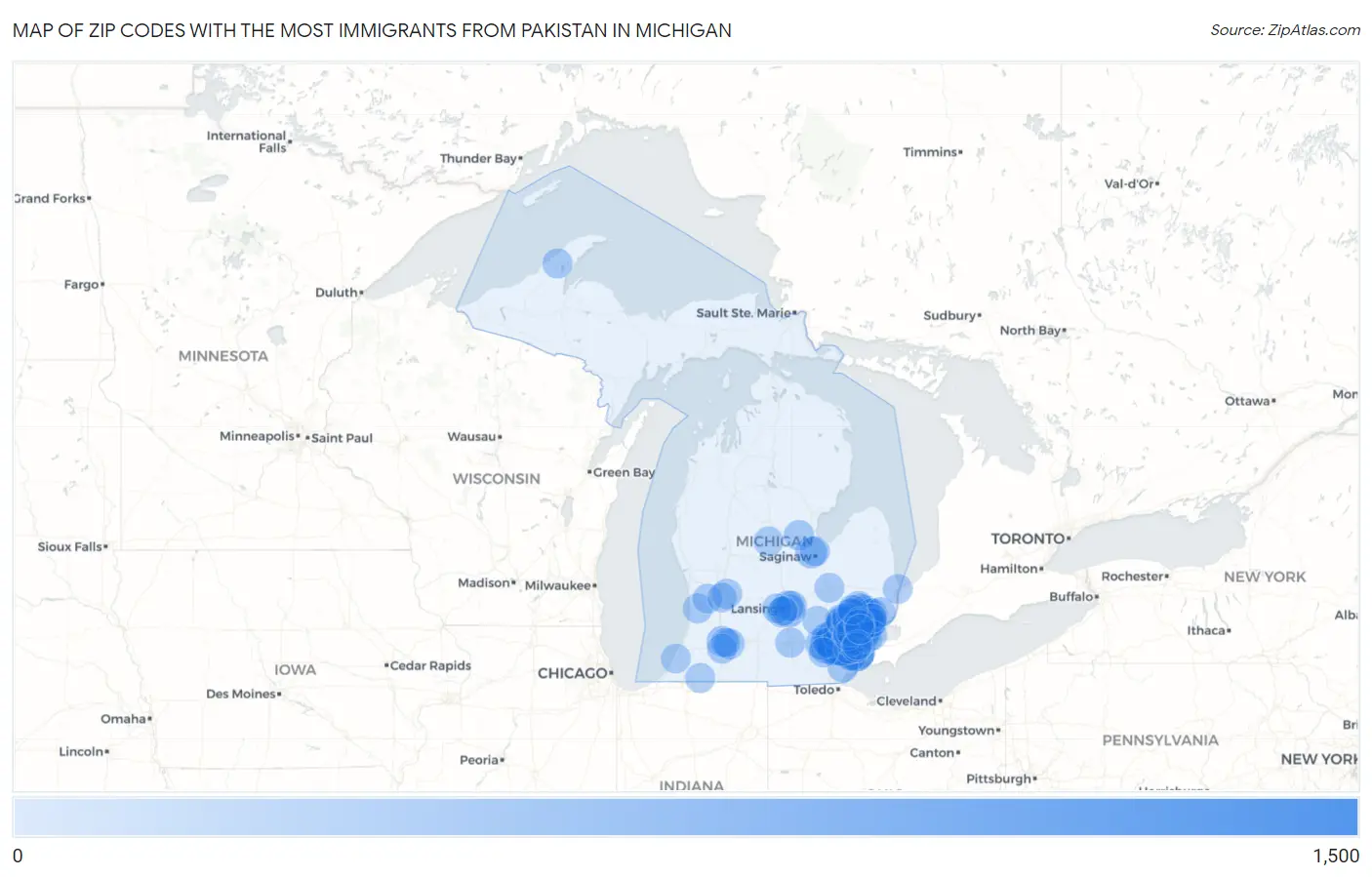 Zip Codes with the Most Immigrants from Pakistan in Michigan Map
