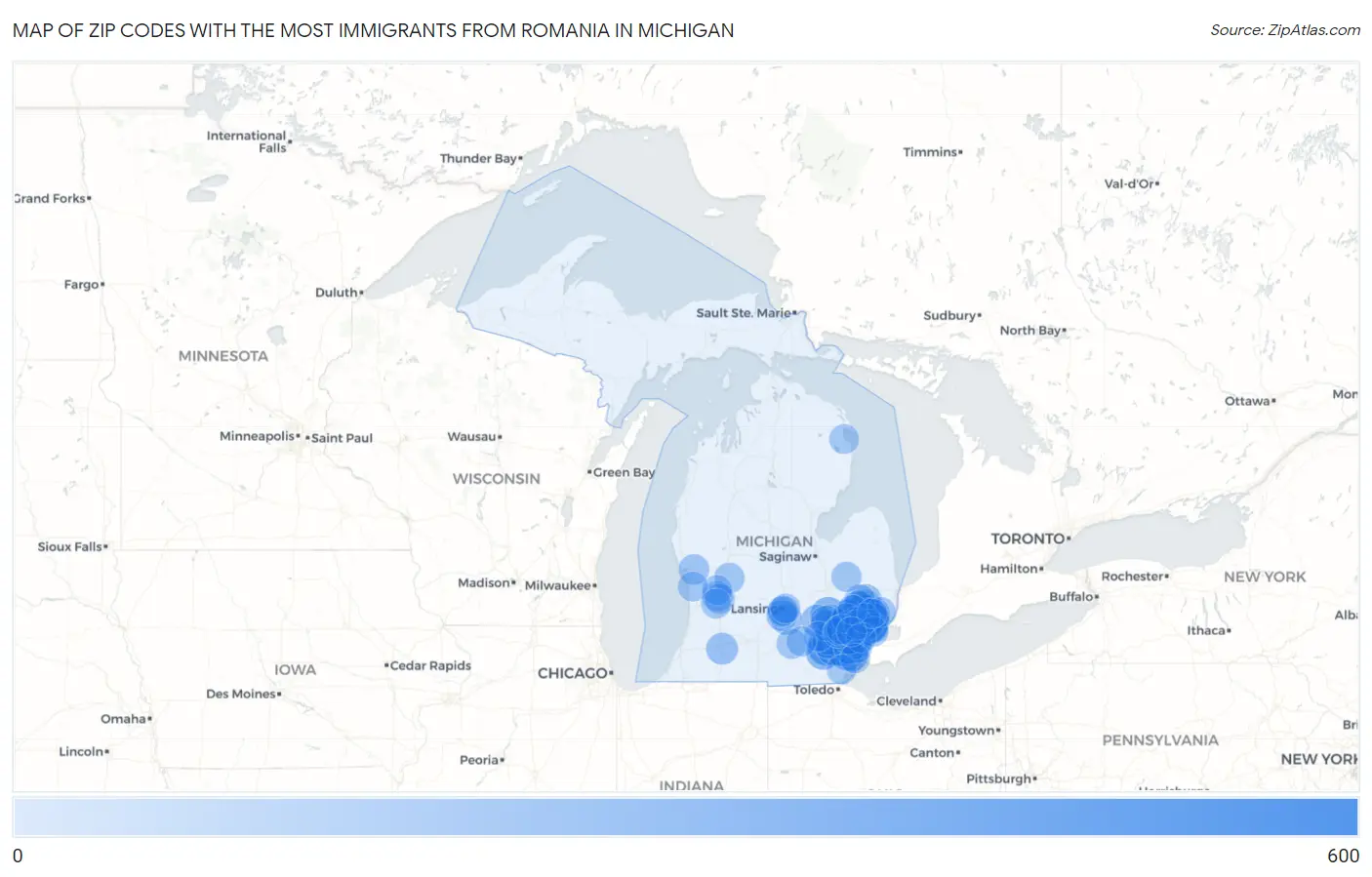 Zip Codes with the Most Immigrants from Romania in Michigan Map
