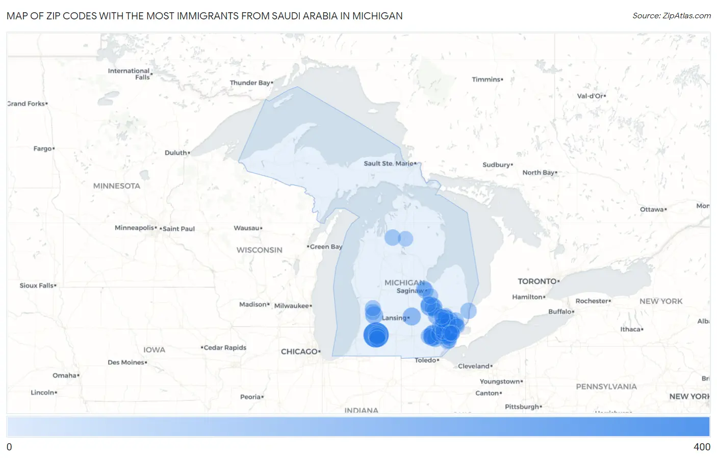Zip Codes with the Most Immigrants from Saudi Arabia in Michigan Map