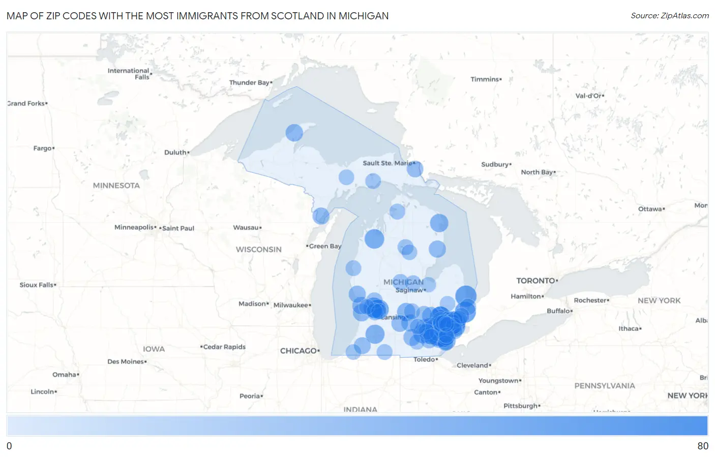 Zip Codes with the Most Immigrants from Scotland in Michigan Map