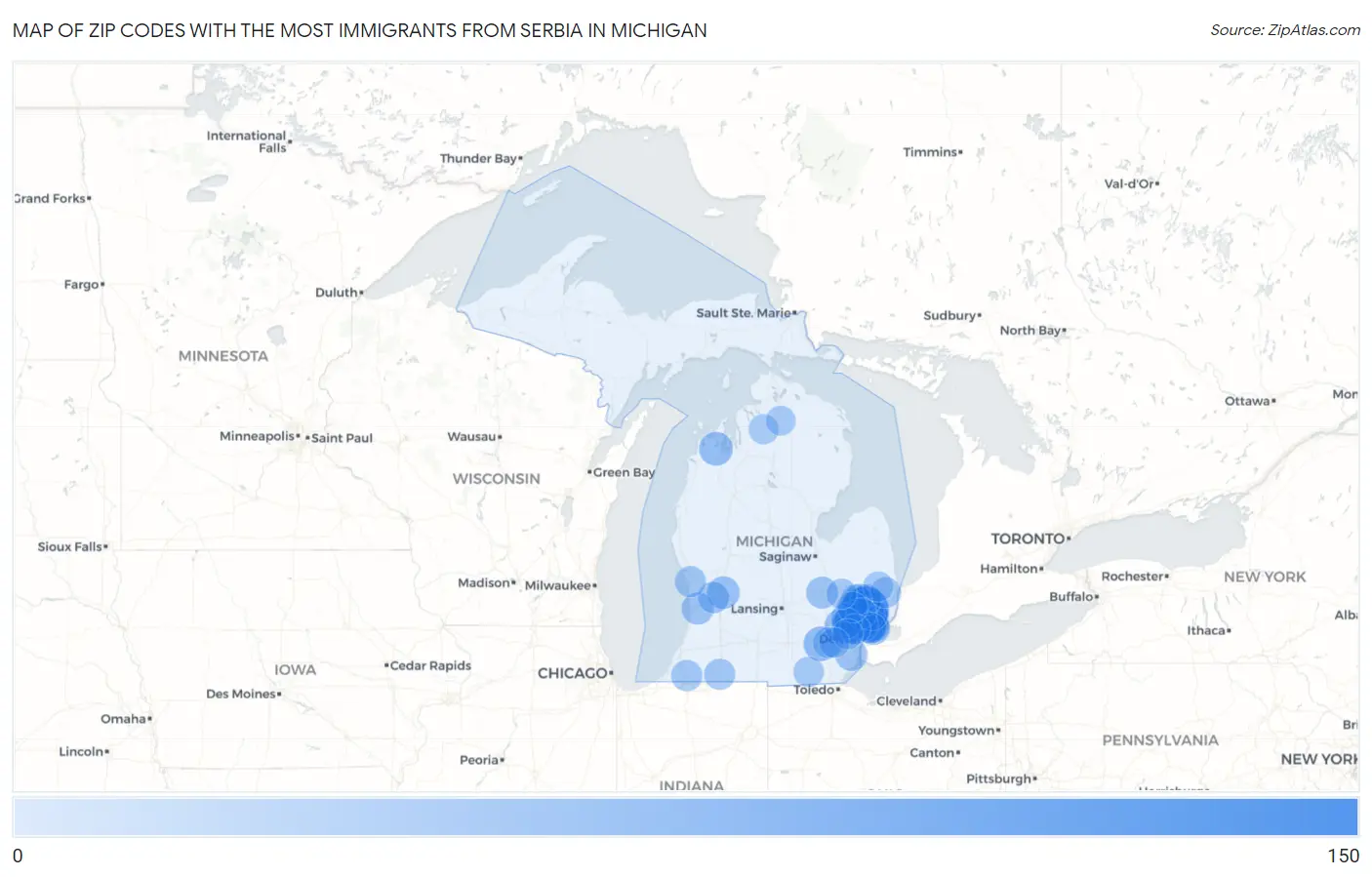 Zip Codes with the Most Immigrants from Serbia in Michigan Map