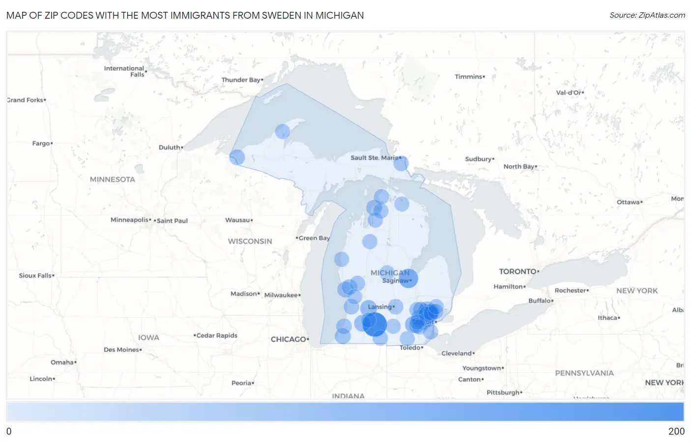 Zip Codes with the Most Immigrants from Sweden in Michigan Map