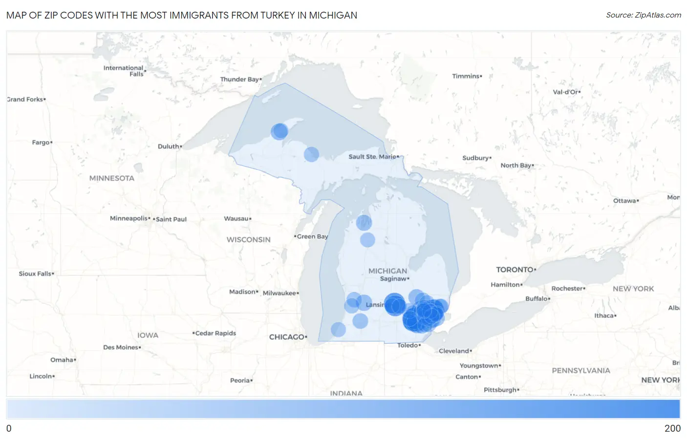 Zip Codes with the Most Immigrants from Turkey in Michigan Map