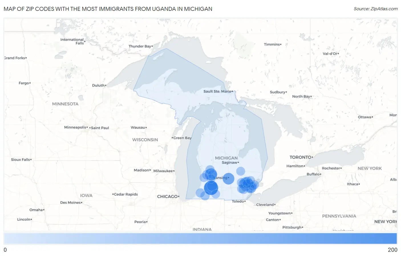 Zip Codes with the Most Immigrants from Uganda in Michigan Map