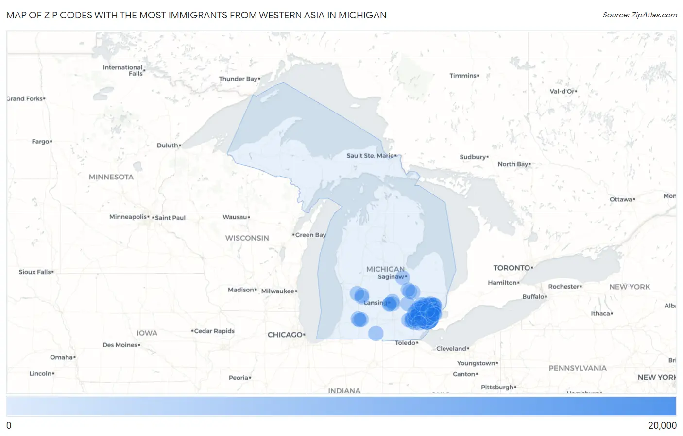 Zip Codes with the Most Immigrants from Western Asia in Michigan Map