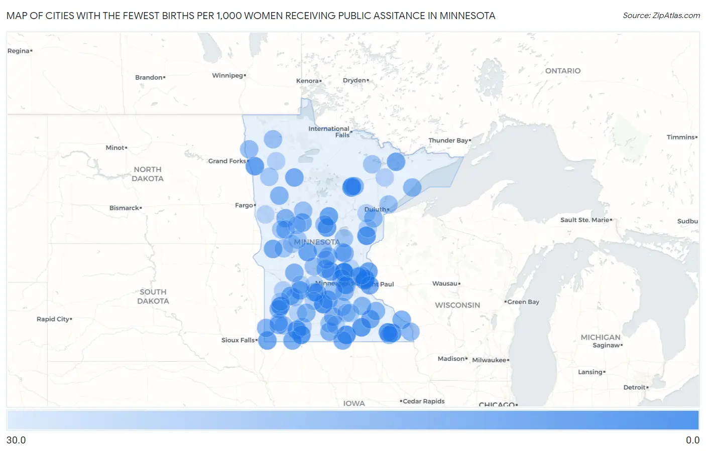 Cities with the Fewest Births per 1,000 Women Receiving Public Assitance in Minnesota Map