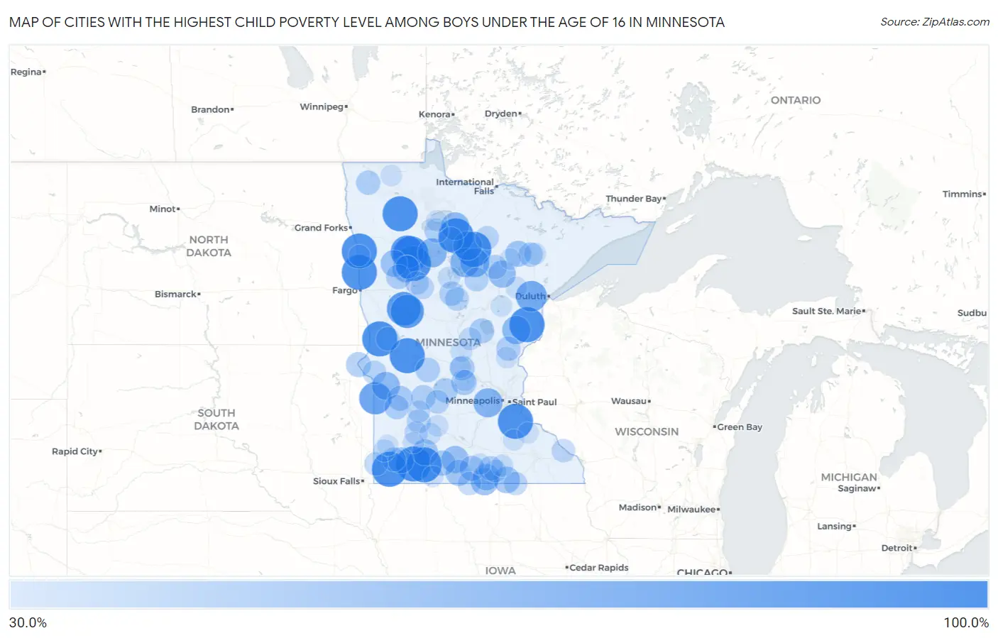 Cities with the Highest Child Poverty Level Among Boys Under the Age of 16 in Minnesota Map